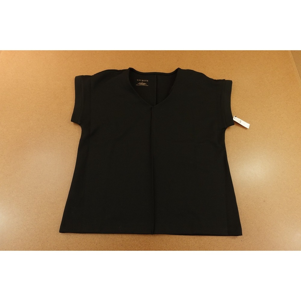 Talbots Womens Small Black Stretch V-Neck Cap Sleeve Comfort Blouse Top NWT